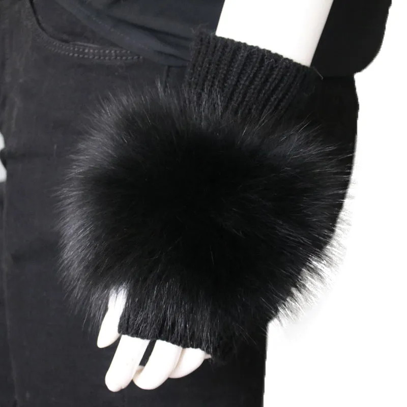 Black Cashmere Fingerless Gloves and Matching Hat with Fox Fur Pom