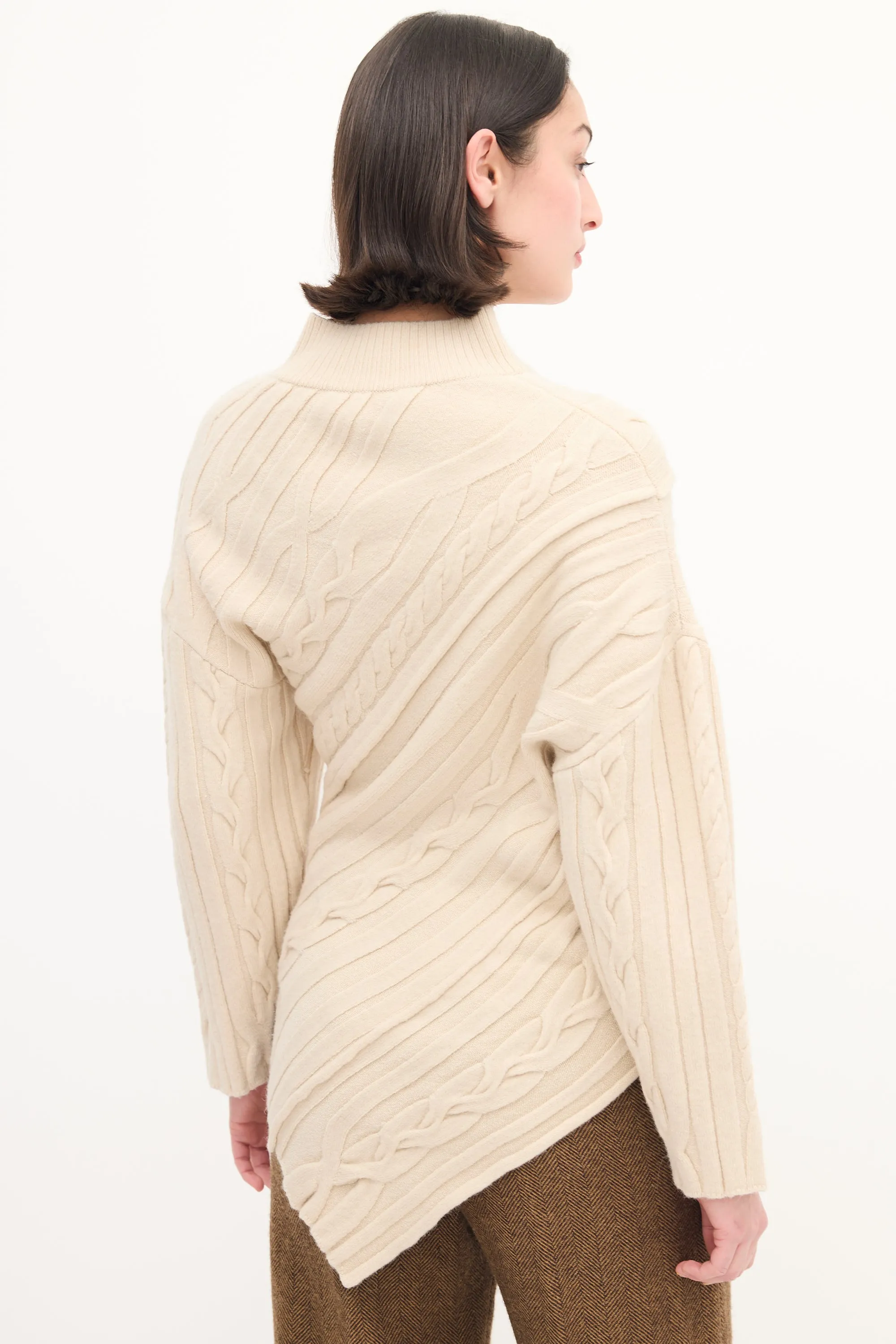 Cream Wool Cable Knit Asymmetric Sweater