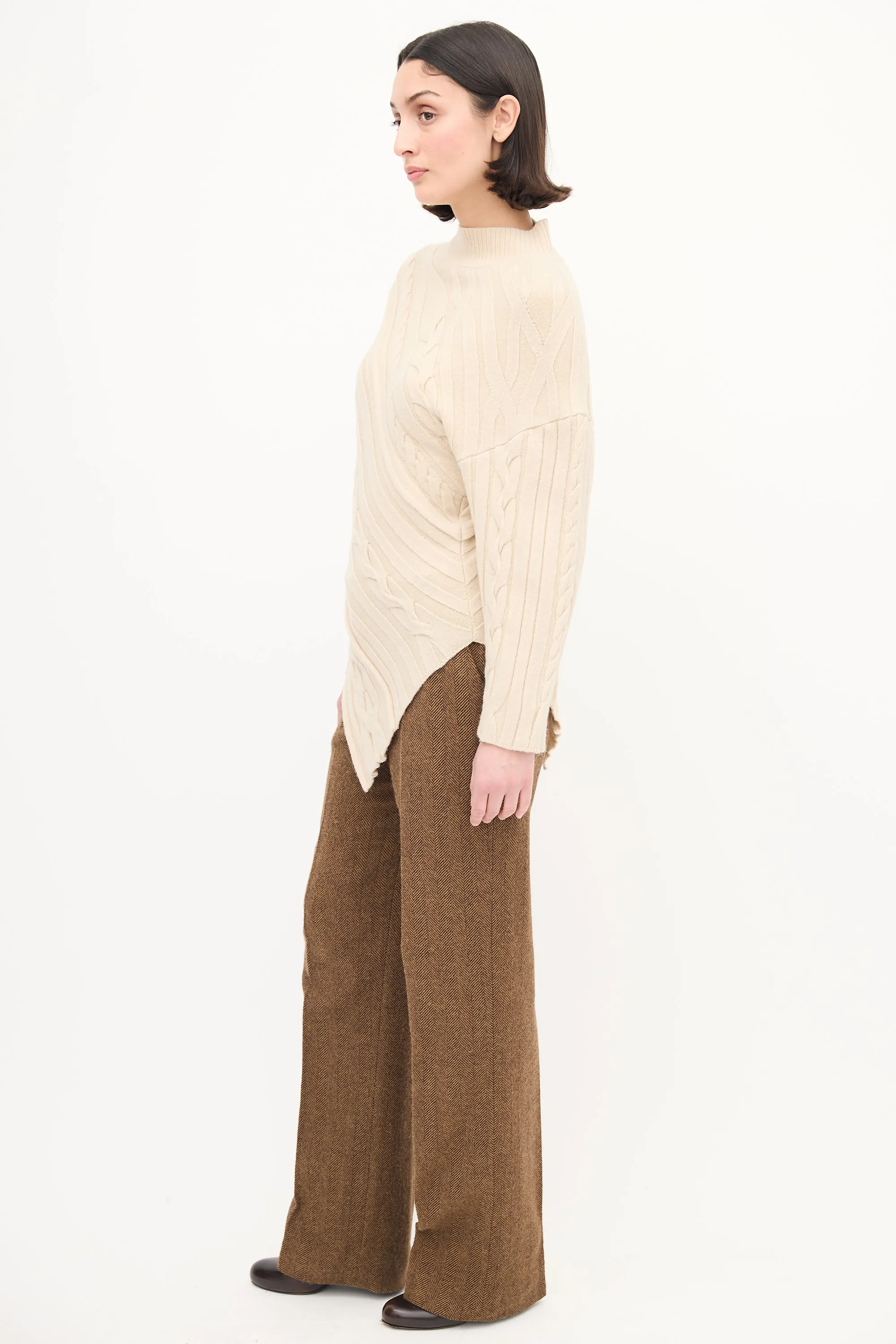 Cream Wool Cable Knit Asymmetric Sweater