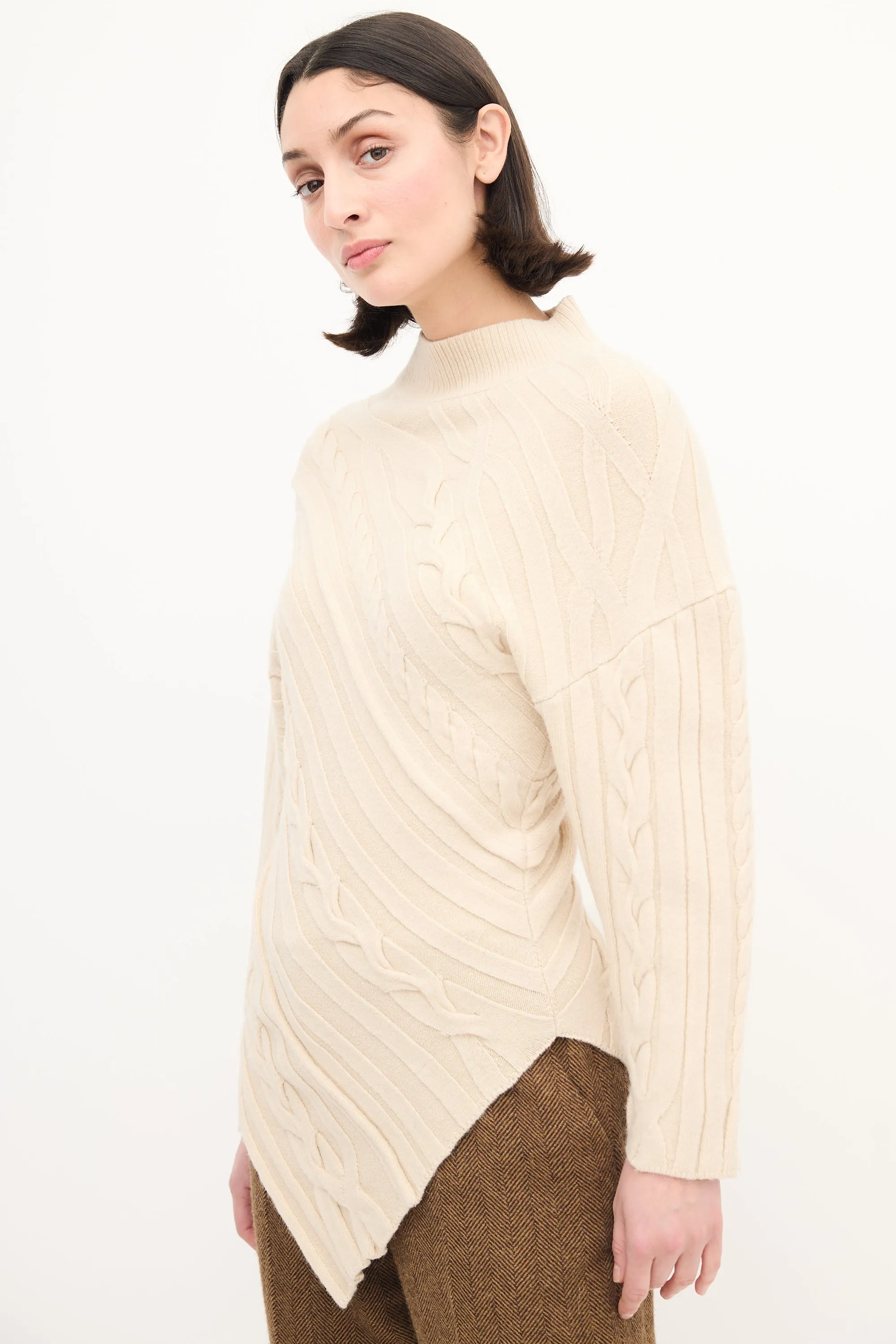 Cream Wool Cable Knit Asymmetric Sweater