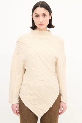 Cream Wool Cable Knit Asymmetric Sweater