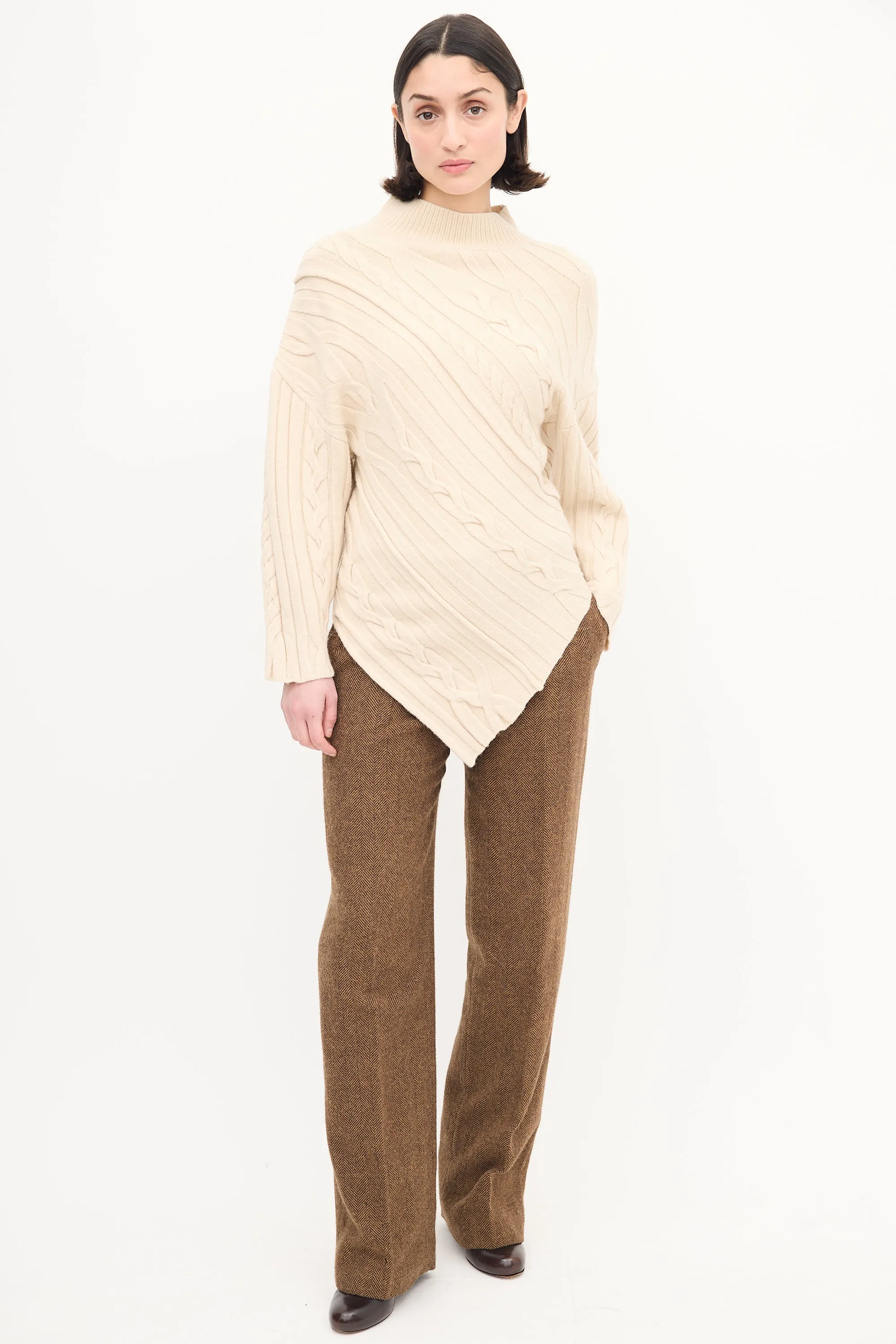 Cream Wool Cable Knit Asymmetric Sweater