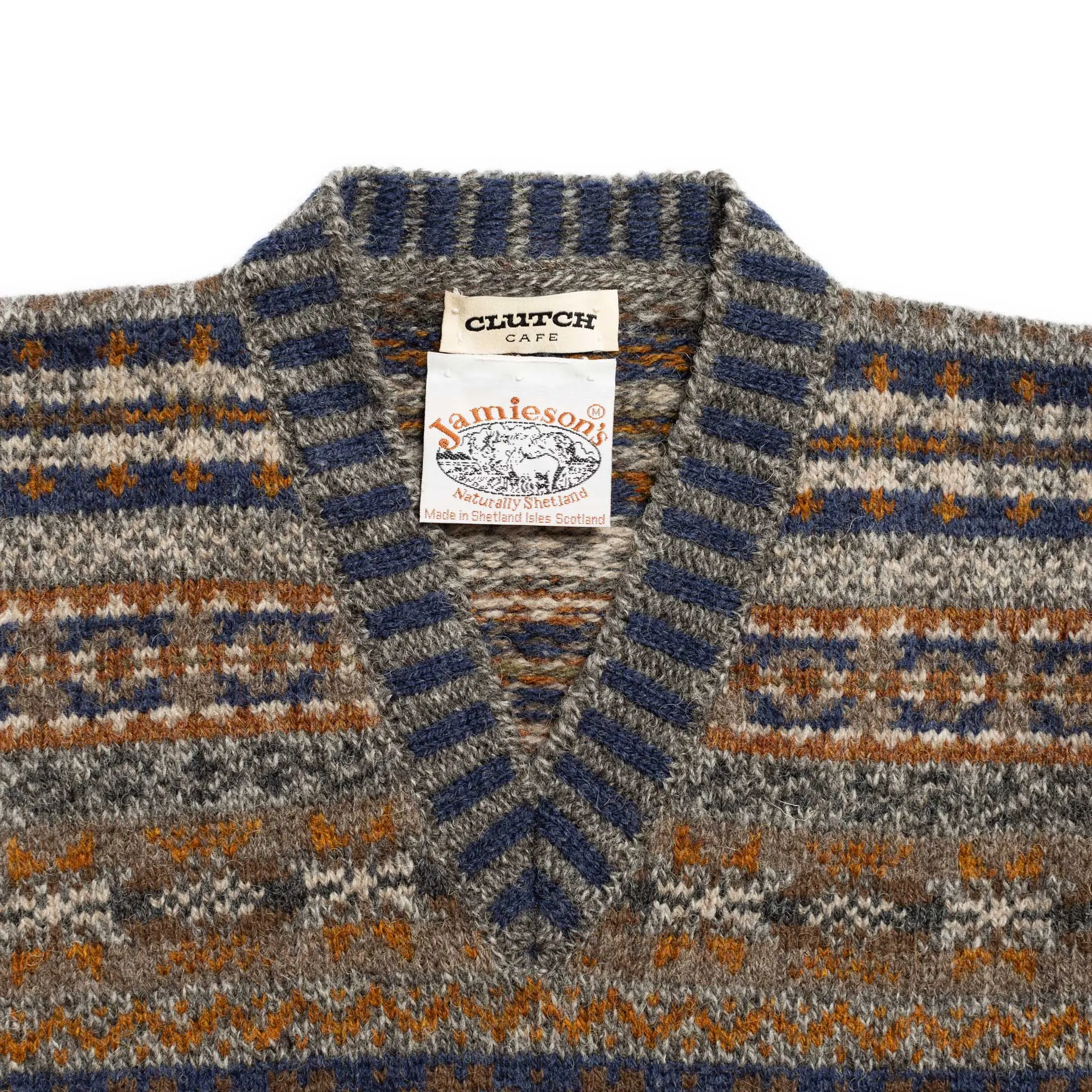 Jamieson's for Clutch Cafe Fair-Isle V-Neck Pullover with Graduated Rib #5 Dark Grey x Navy