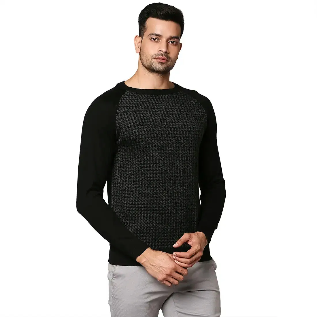 Men Black Jacquard Wool Blend Round Collar Sweaters