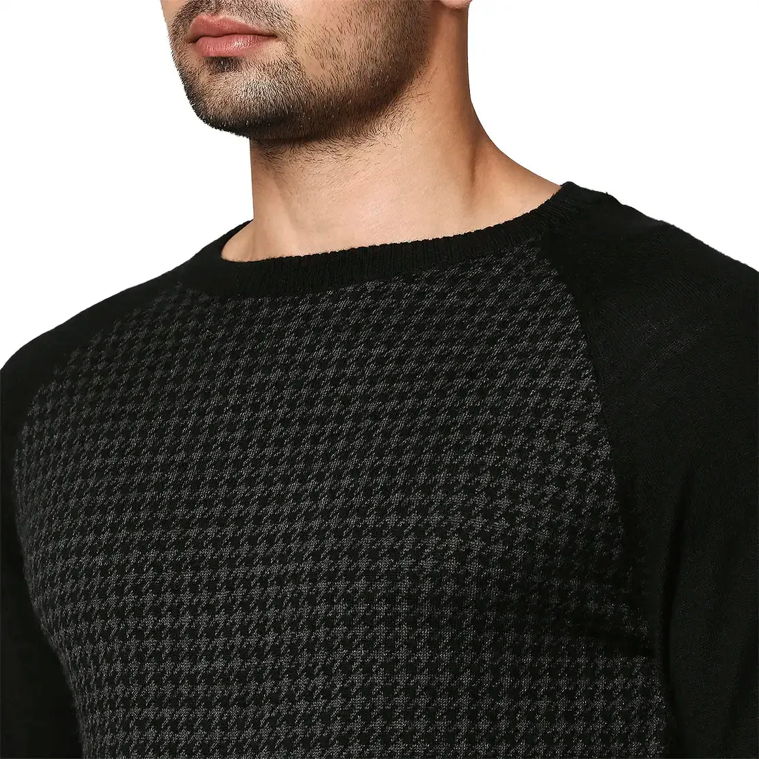 Men Black Jacquard Wool Blend Round Collar Sweaters