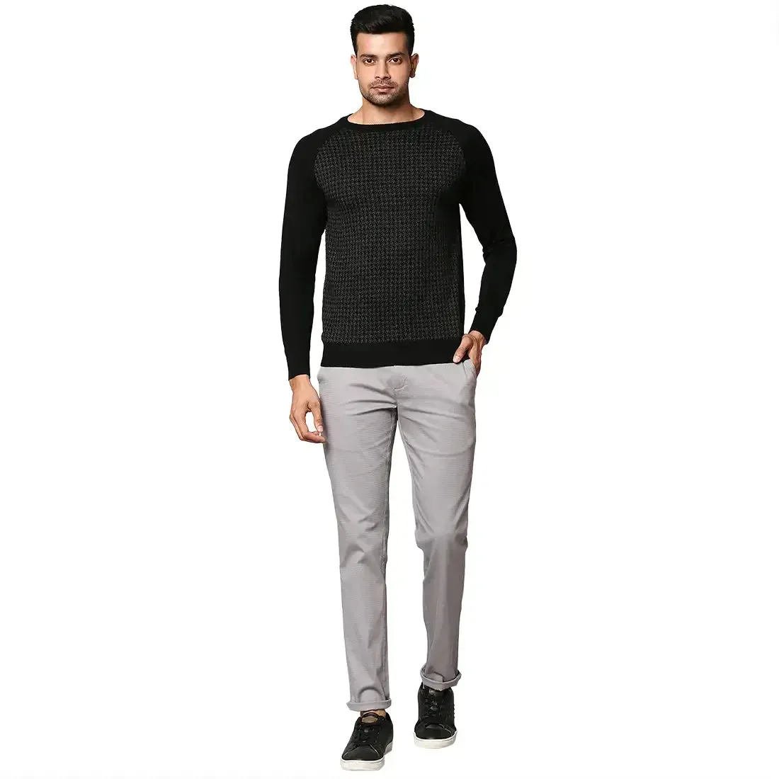 Men Black Jacquard Wool Blend Round Collar Sweaters