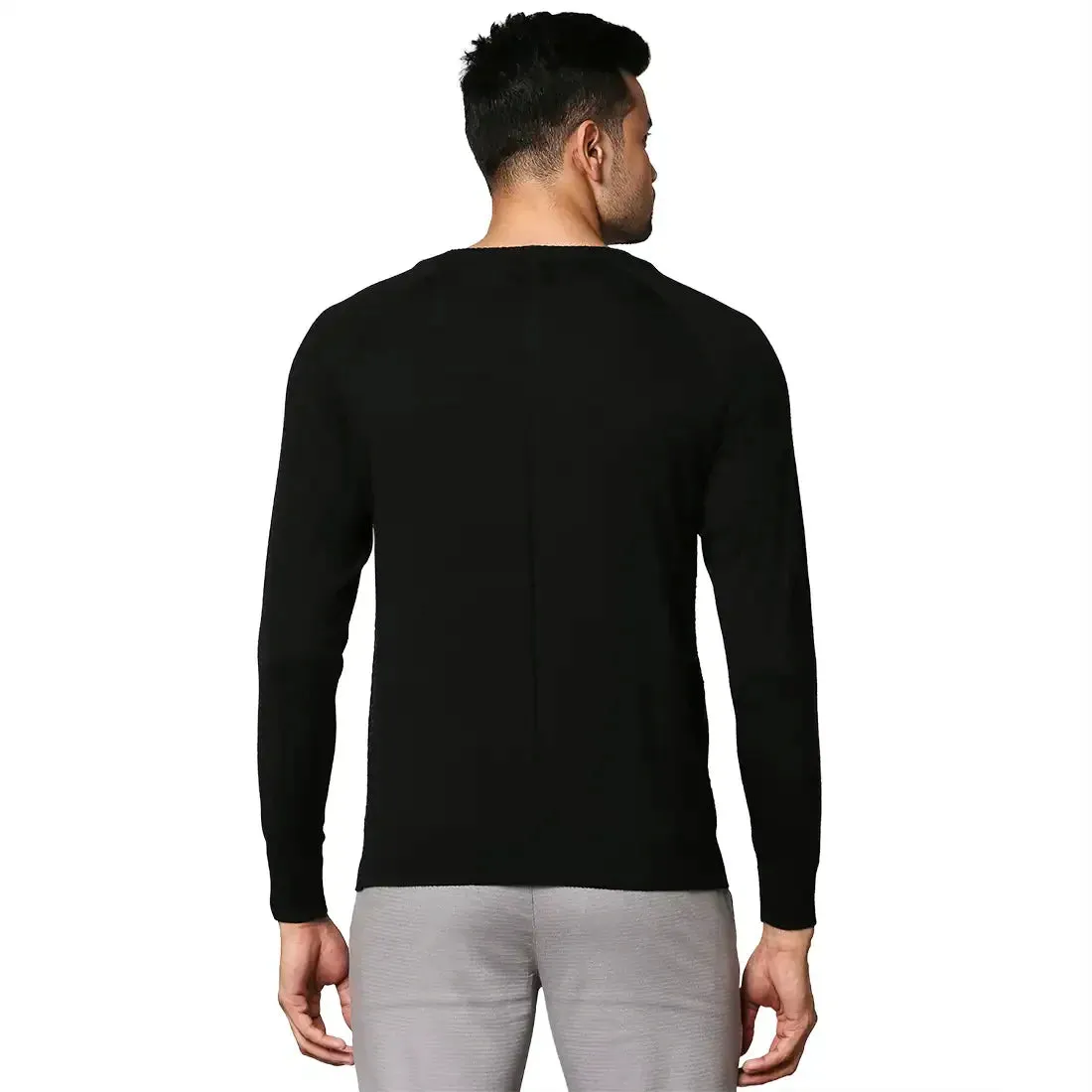 Men Black Jacquard Wool Blend Round Collar Sweaters