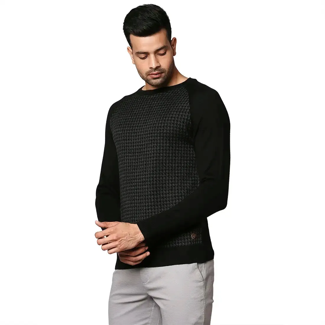 Men Black Jacquard Wool Blend Round Collar Sweaters