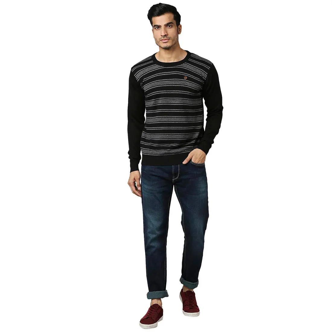 Men Black Stripe Acrylic Wool Blend Round Collar Sweaters