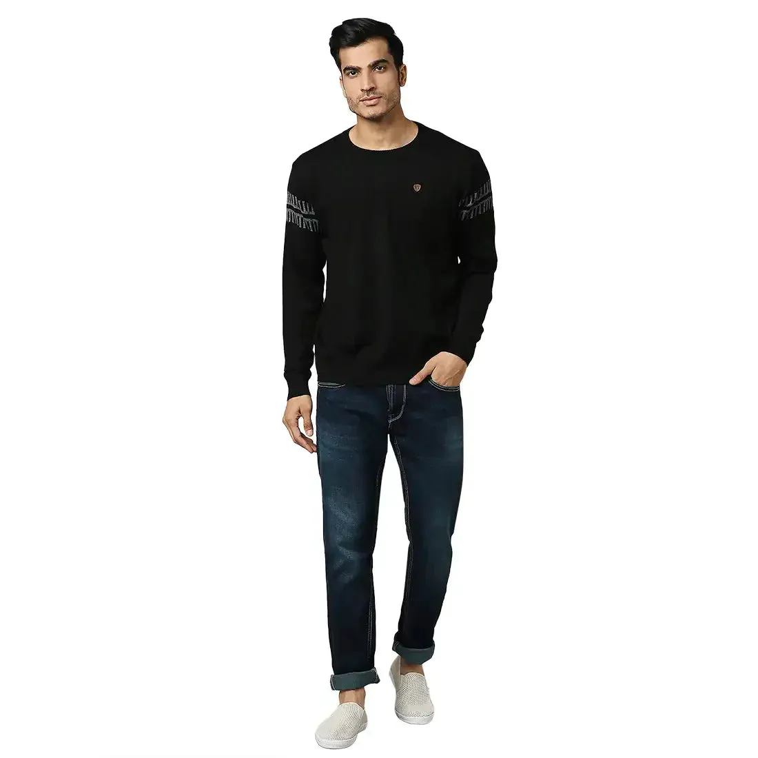 Men Black Structure Self Acrylic Wool Blend Round Collar Sweaters
