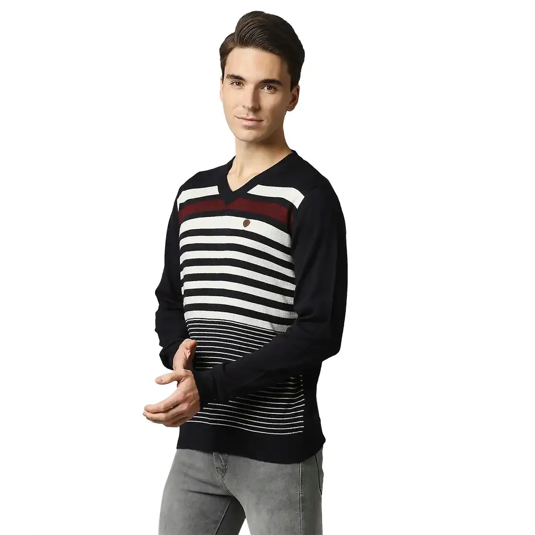 Men Blue Acrylic Wool Blend Full Sleeve V Neck Collar Sweaters