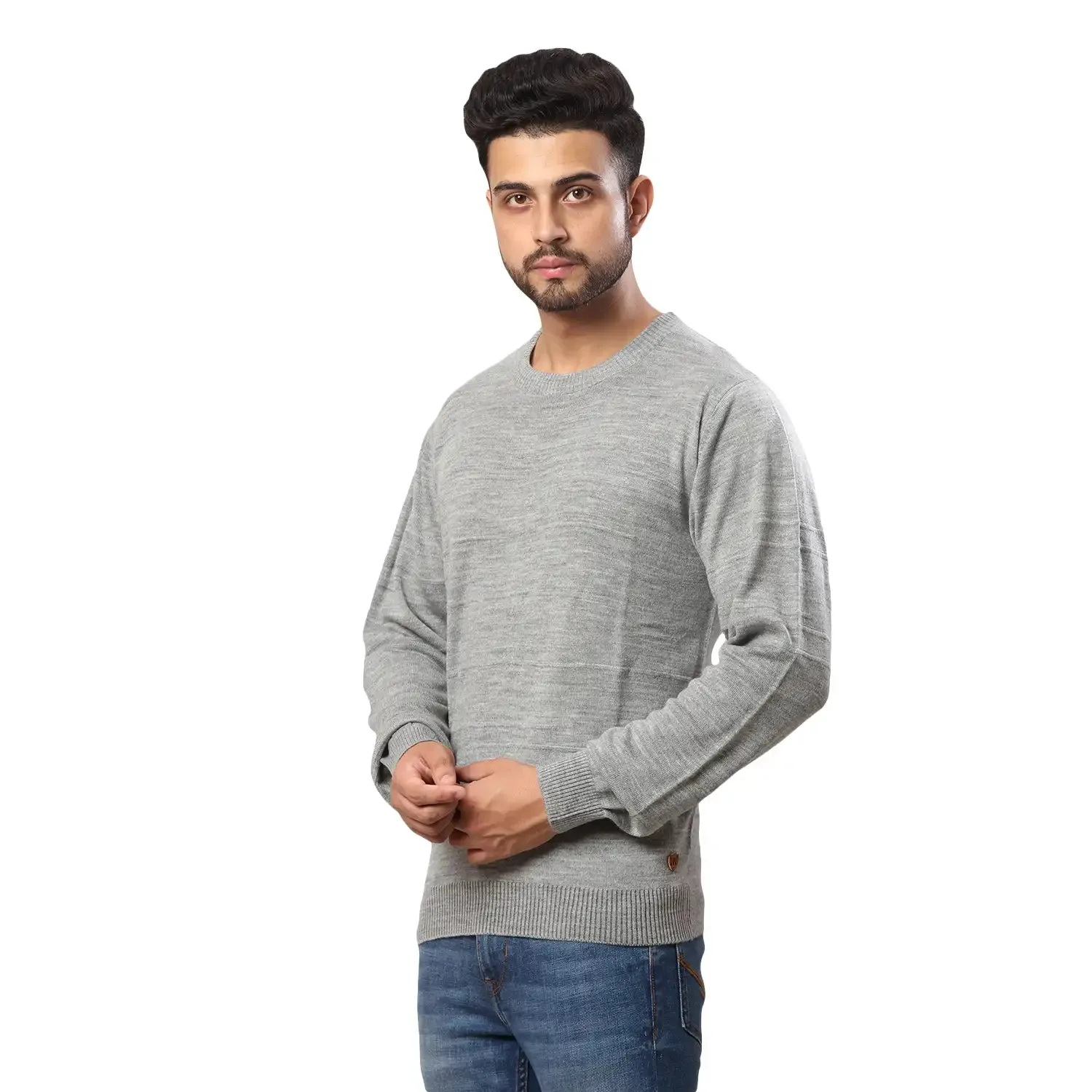 Men Grey Structure Cable Acrylic Wool Blend Full Sleeve V Neck Collar Sweaters
