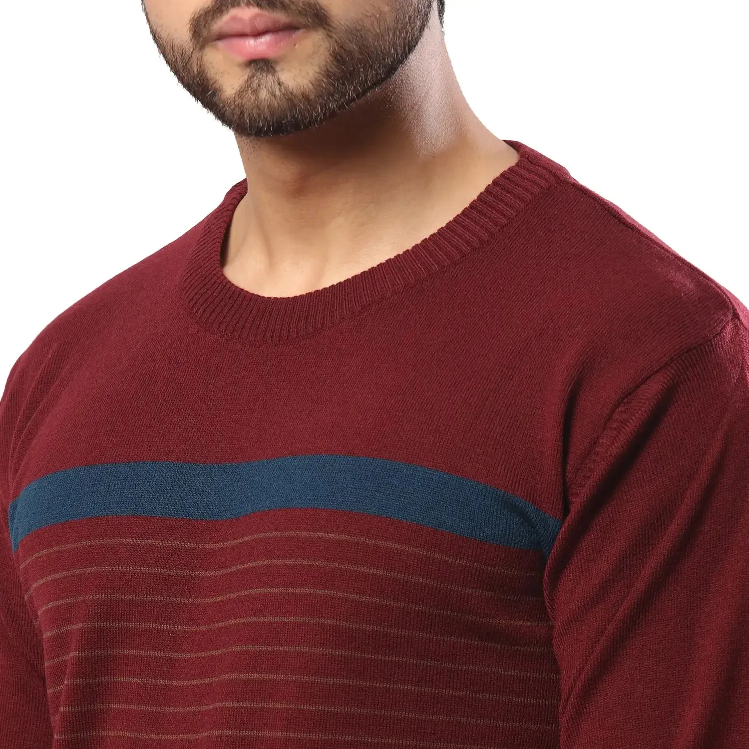 Men Maroon Stripe Acrylic Wool Blend Round Collar Sweaters