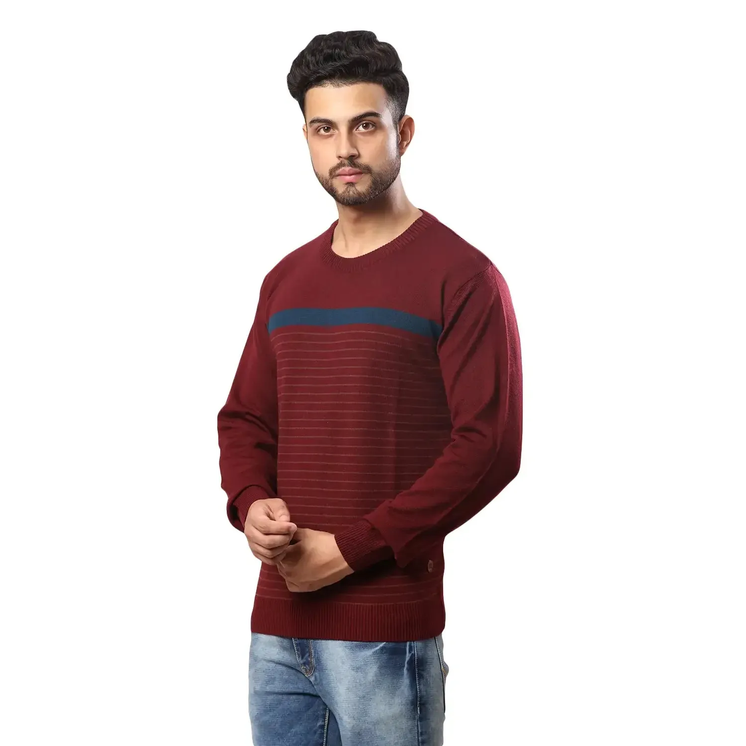 Men Maroon Stripe Acrylic Wool Blend Round Collar Sweaters