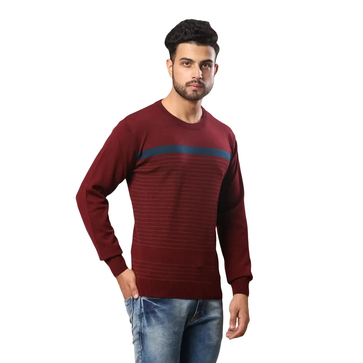 Men Maroon Stripe Acrylic Wool Blend Round Collar Sweaters