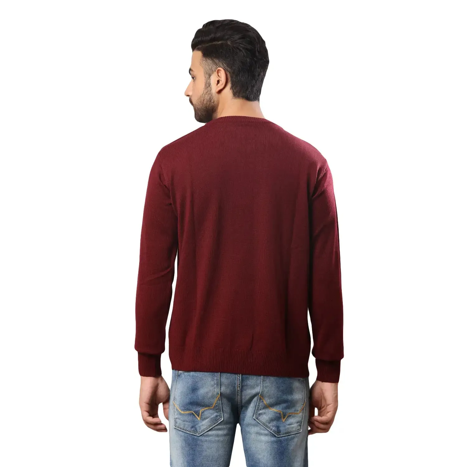 Men Maroon Stripe Acrylic Wool Blend Round Collar Sweaters