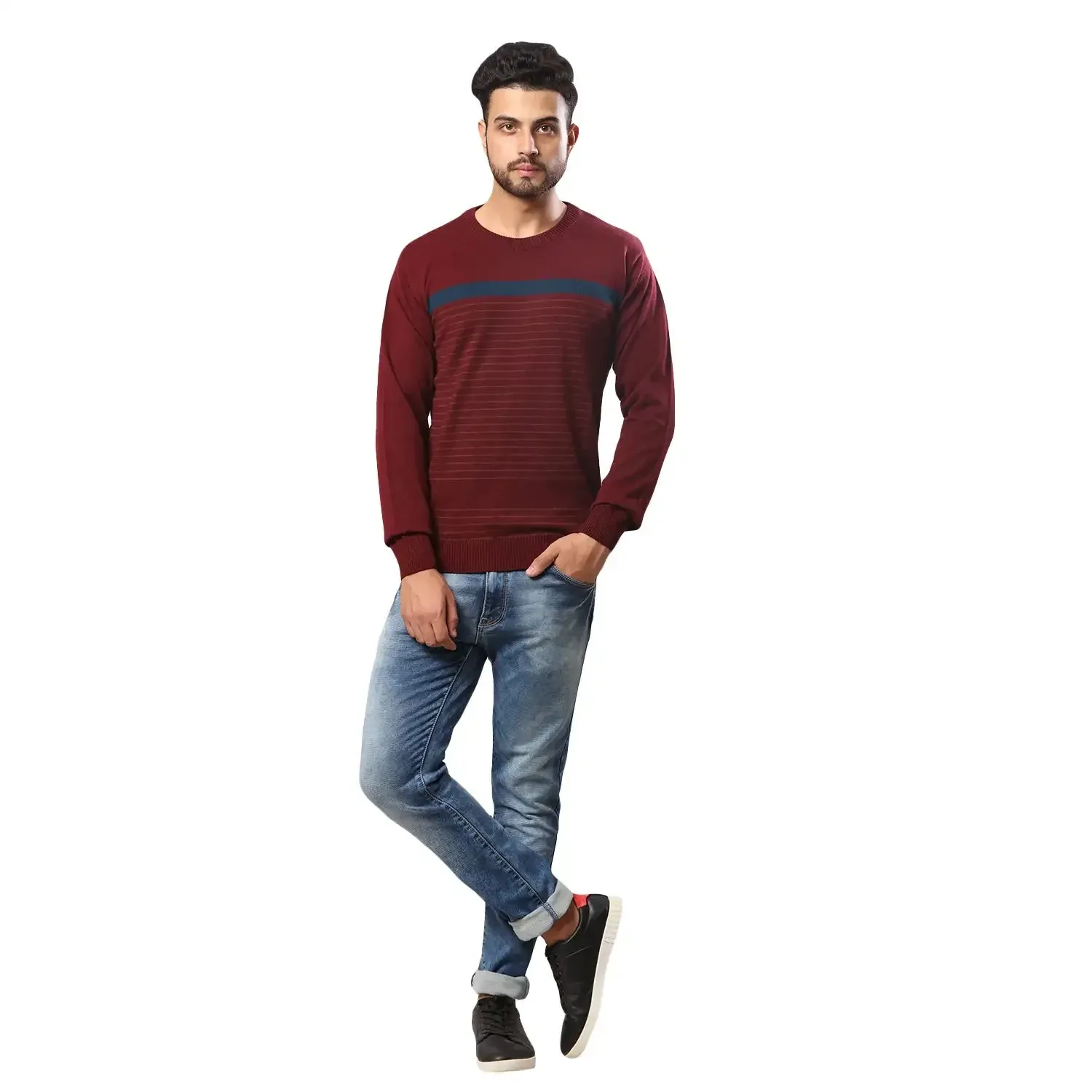 Men Maroon Stripe Acrylic Wool Blend Round Collar Sweaters