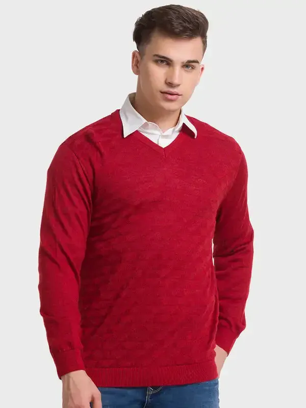 Men Orange Tailored Fit Structure Merino Wool Acrylic Blend Full Sleeve V Neck Collar Sweaters
