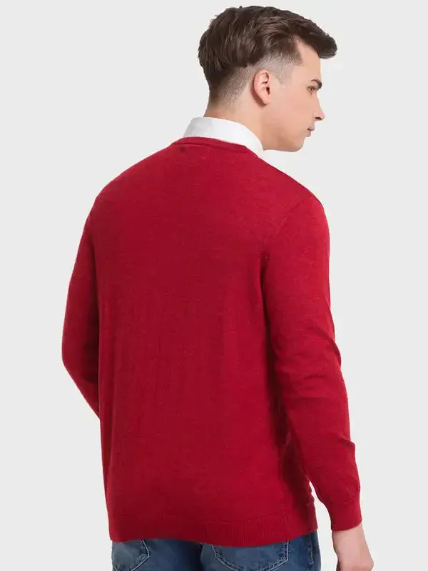 Men Orange Tailored Fit Structure Merino Wool Acrylic Blend Full Sleeve V Neck Collar Sweaters
