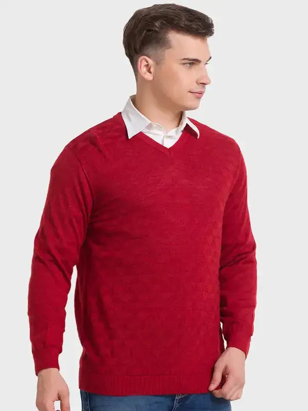 Men Orange Tailored Fit Structure Merino Wool Acrylic Blend Full Sleeve V Neck Collar Sweaters