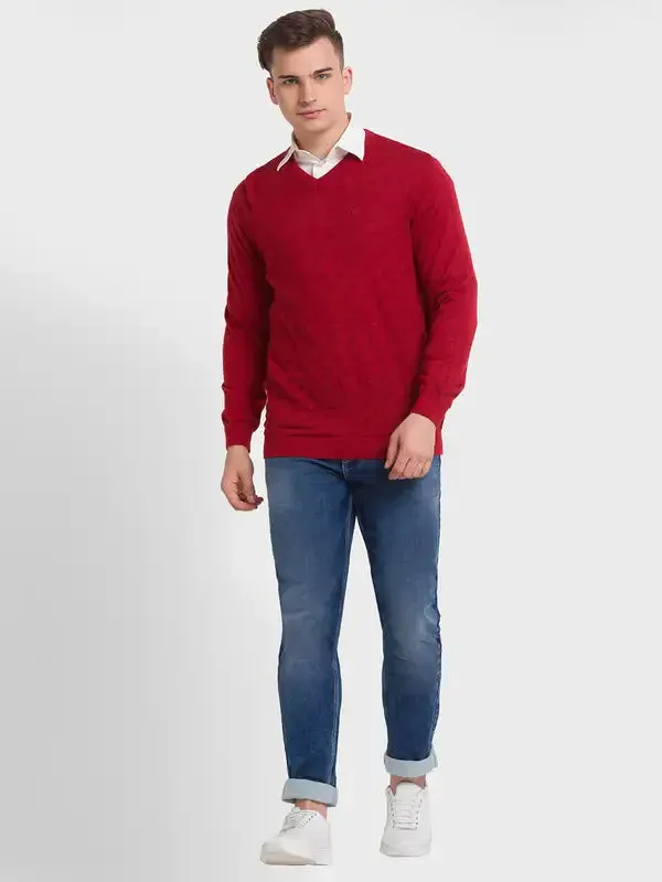 Men Orange Tailored Fit Structure Merino Wool Acrylic Blend Full Sleeve V Neck Collar Sweaters