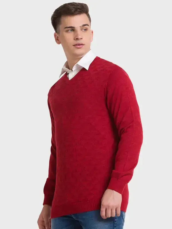 Men Orange Tailored Fit Structure Merino Wool Acrylic Blend Full Sleeve V Neck Collar Sweaters