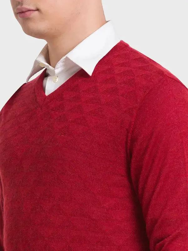 Men Orange Tailored Fit Structure Merino Wool Acrylic Blend Full Sleeve V Neck Collar Sweaters