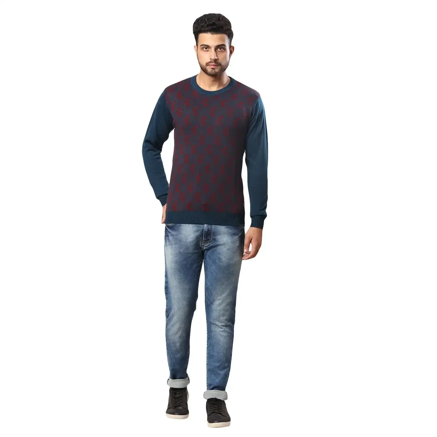 Men Petrol Jacquard Acrylic Wool Blend Round Collar Sweaters