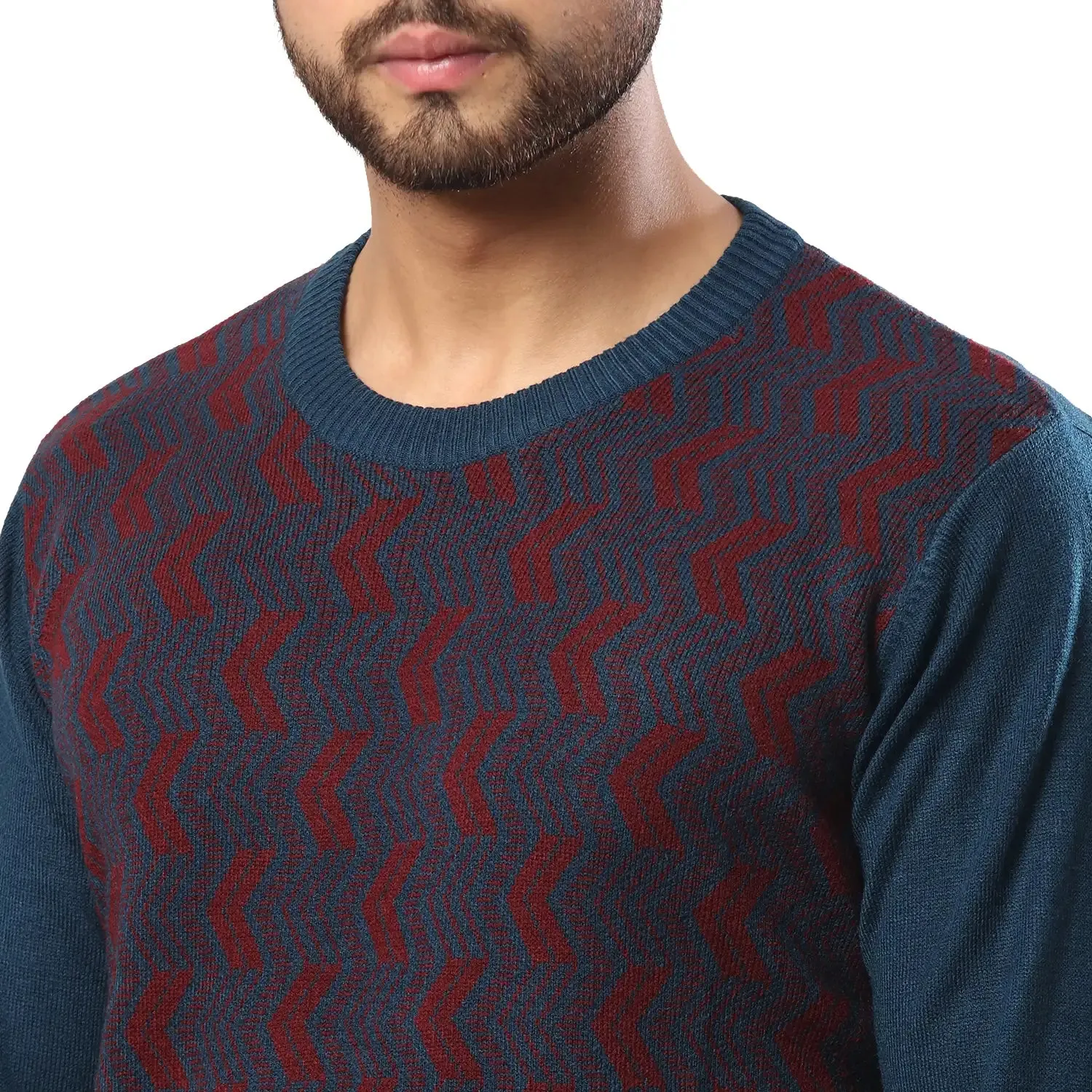 Men Petrol Jacquard Acrylic Wool Blend Round Collar Sweaters