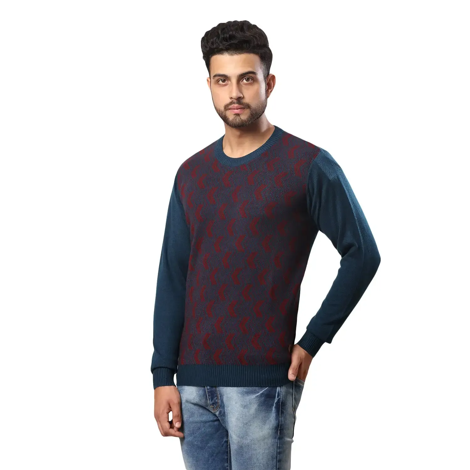 Men Petrol Jacquard Acrylic Wool Blend Round Collar Sweaters