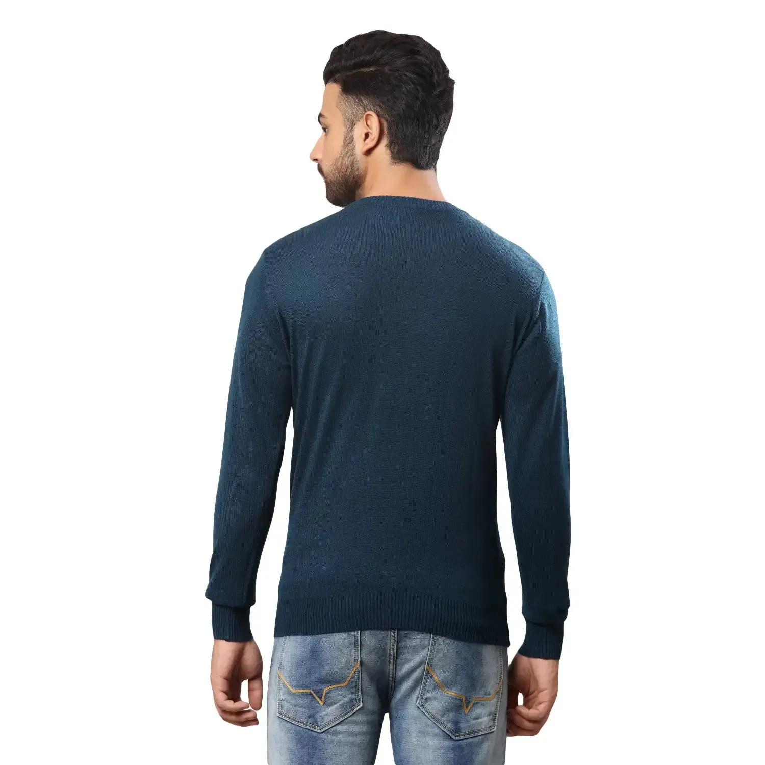Men Petrol Jacquard Acrylic Wool Blend Round Collar Sweaters