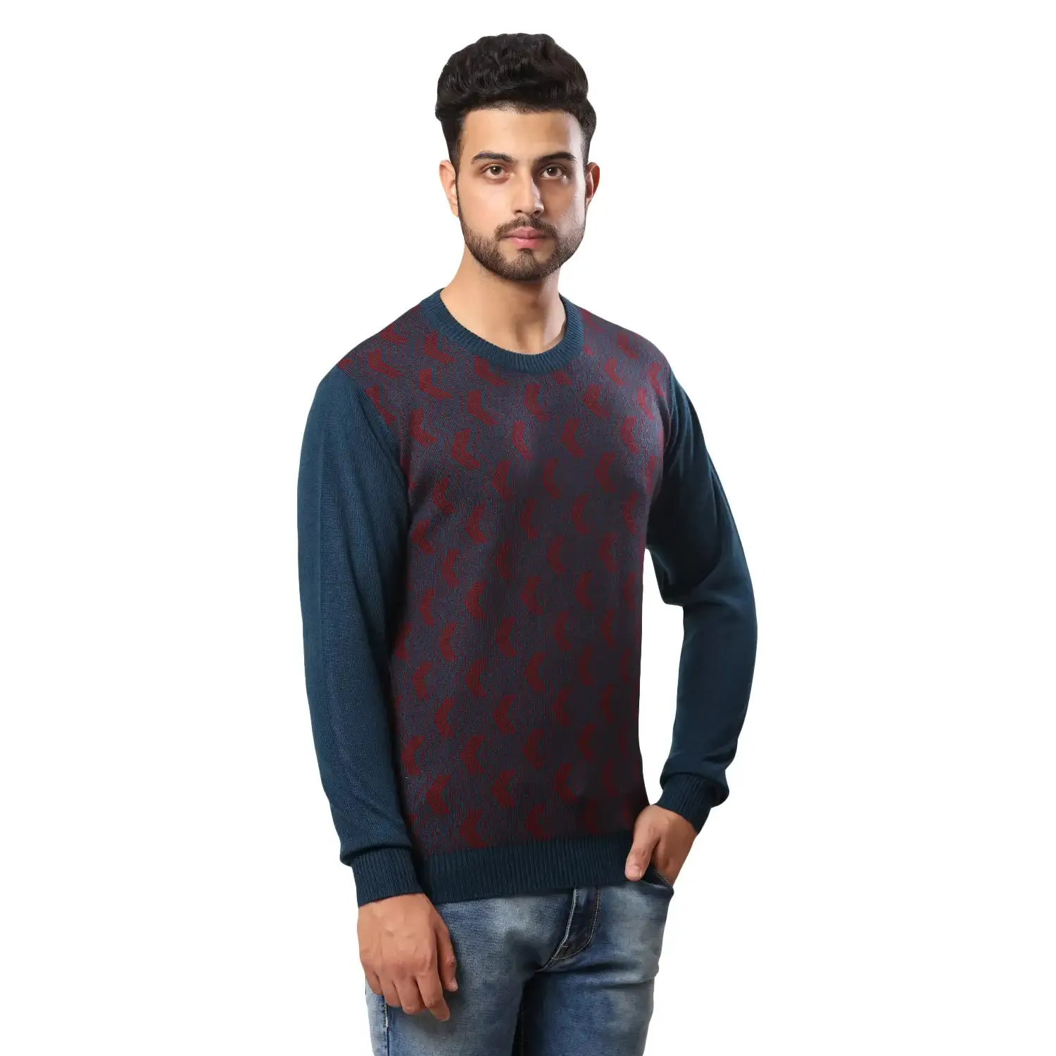 Men Petrol Jacquard Acrylic Wool Blend Round Collar Sweaters