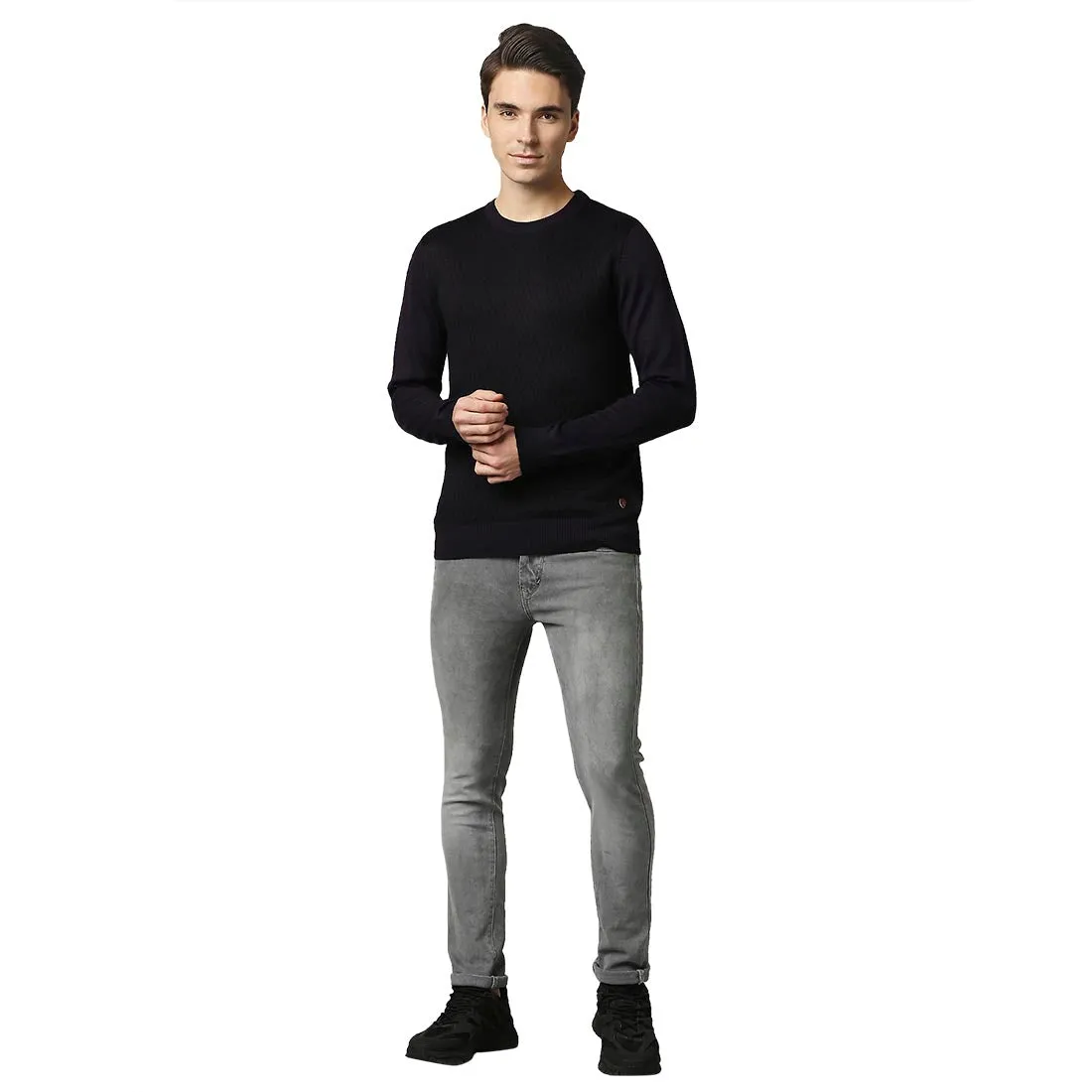 Men Violet Jacquard Acrylic Wool Blend Round Collar Sweaters