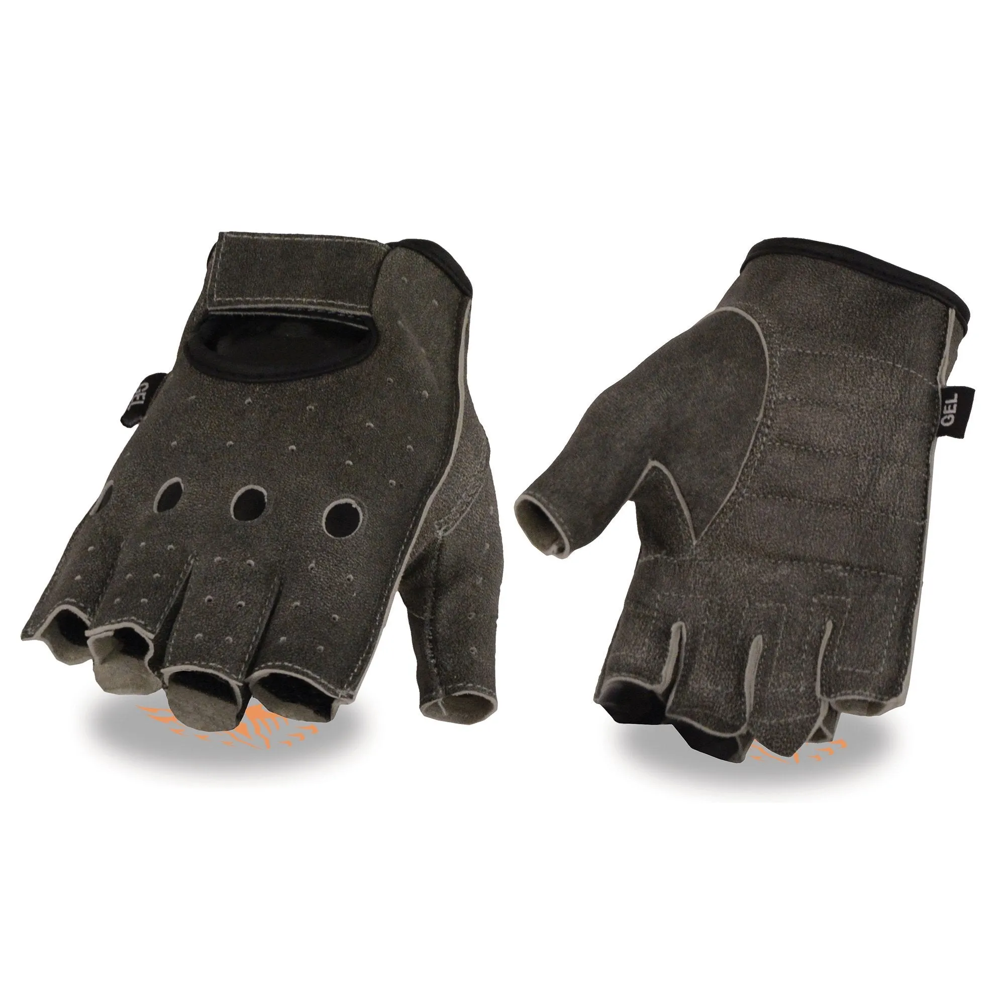 MG7557 Men's Grey Leather Gel Padded Palm Fingerless Motorcycle Hand Gloves W/ Breathable Open Knuckle