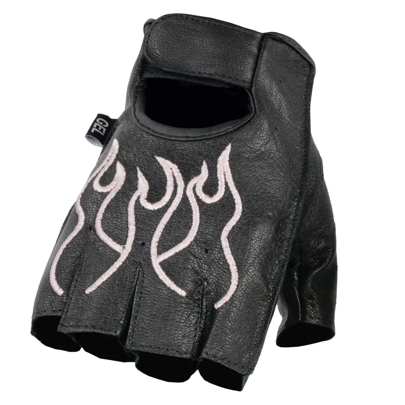 Milwaukee Leather SH198 Women's Black Leather Gel Padded Palm Fingerless Motorcycle Hand Gloves W/ Pink Flame Embroidered