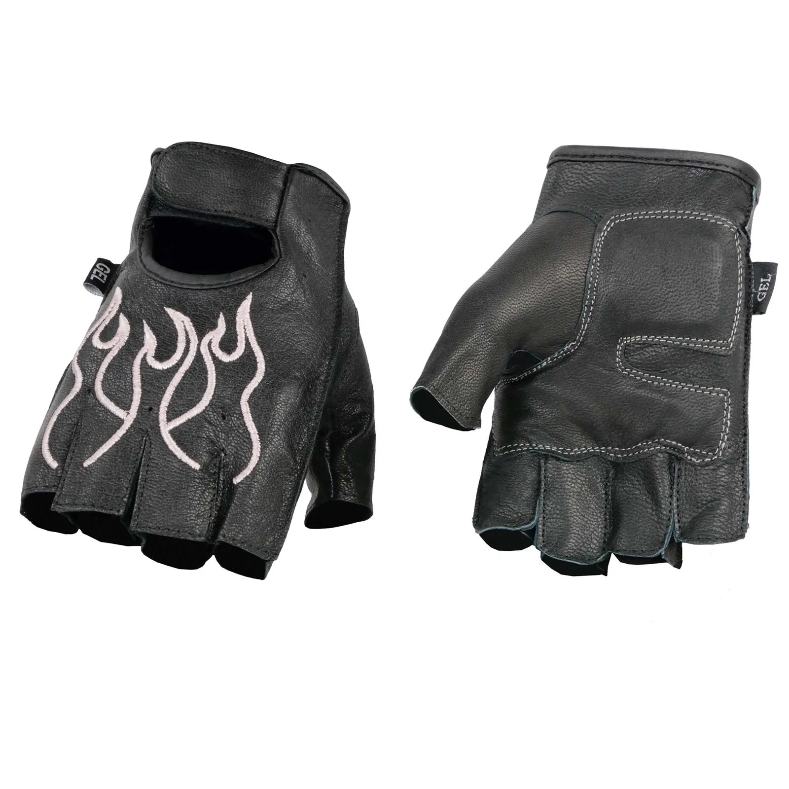 Milwaukee Leather SH198 Women's Black Leather Gel Padded Palm Fingerless Motorcycle Hand Gloves W/ Pink Flame Embroidered