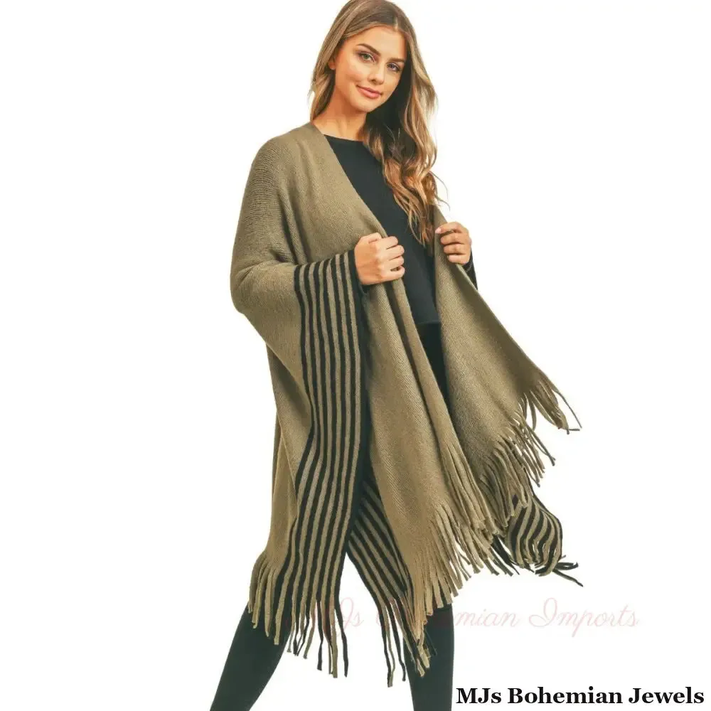 Olive Stripe Fringe Ruana