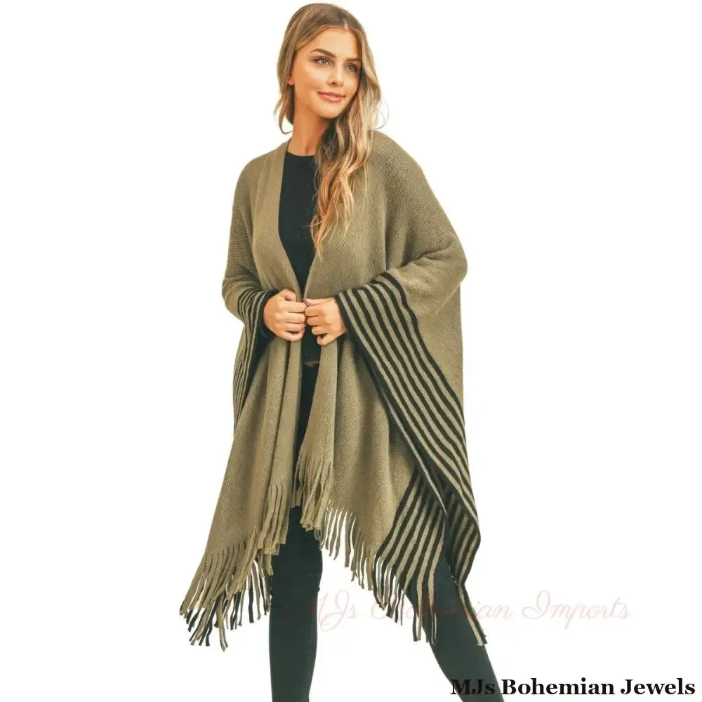 Olive Stripe Fringe Ruana