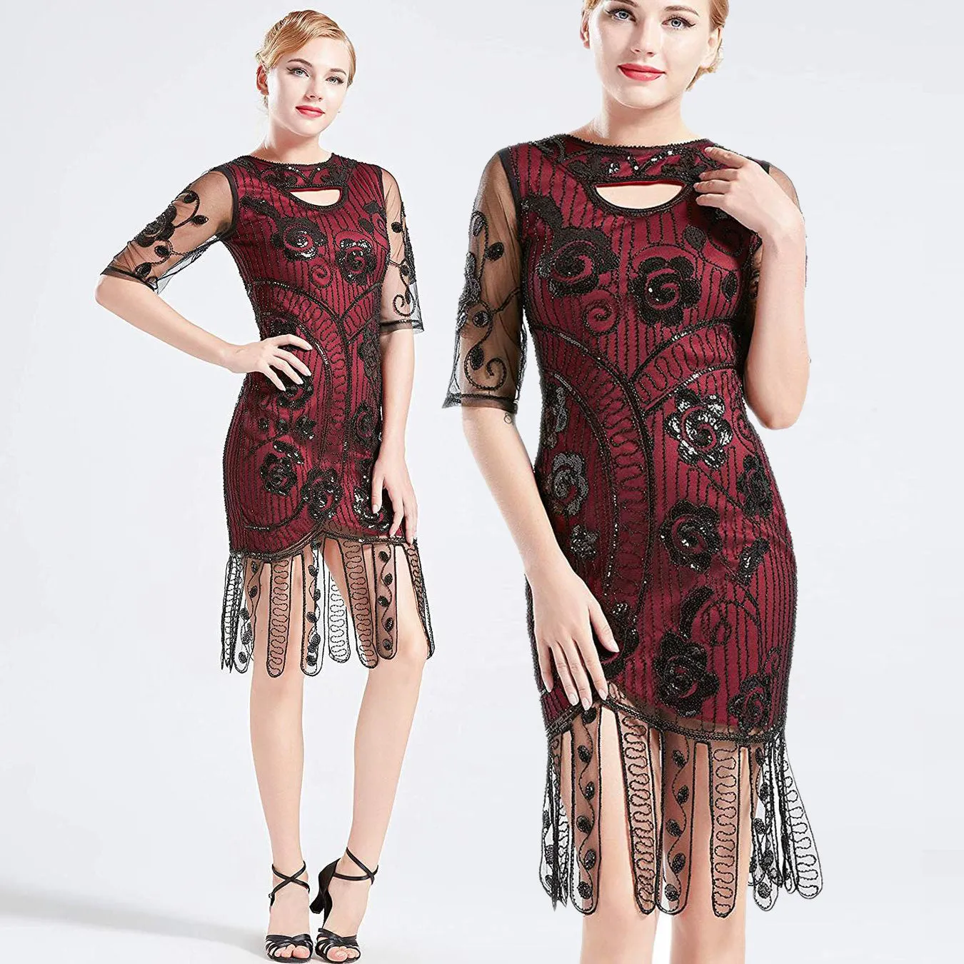 Vintage 1920s Unique Red Flapper Dress Beaded Gatsby Dress Roaring 20s Sequins Dress Art Deco