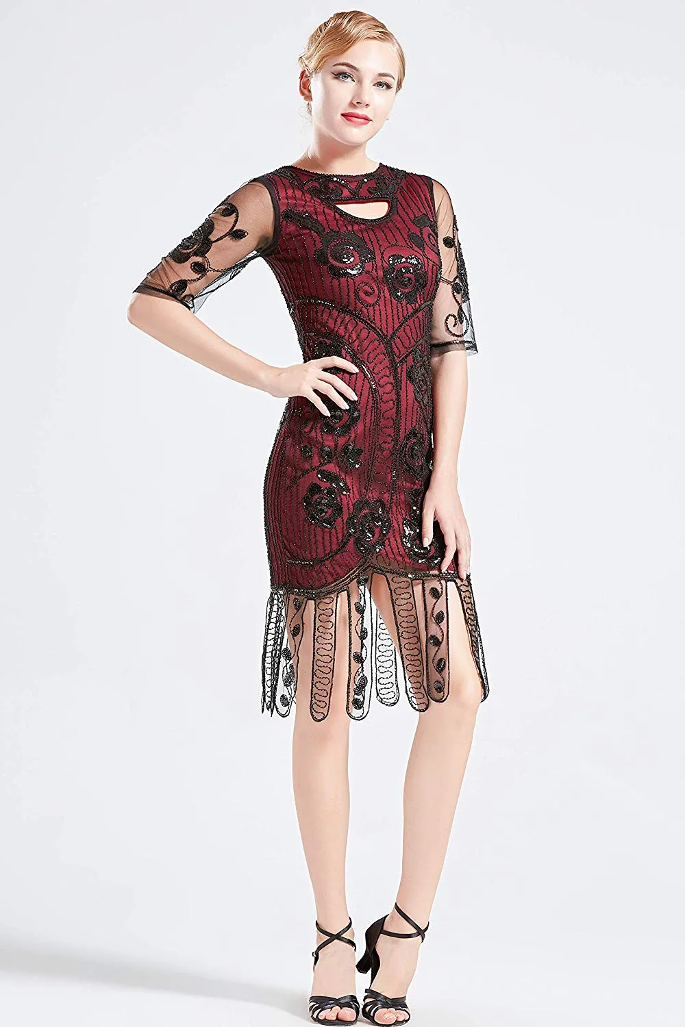 Vintage 1920s Unique Red Flapper Dress Beaded Gatsby Dress Roaring 20s Sequins Dress Art Deco
