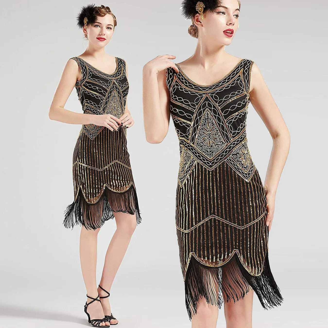 Vintage Black and Gold 1920s Flapper 20s Great Gatsby Dress Fringed Sequin Art Deco