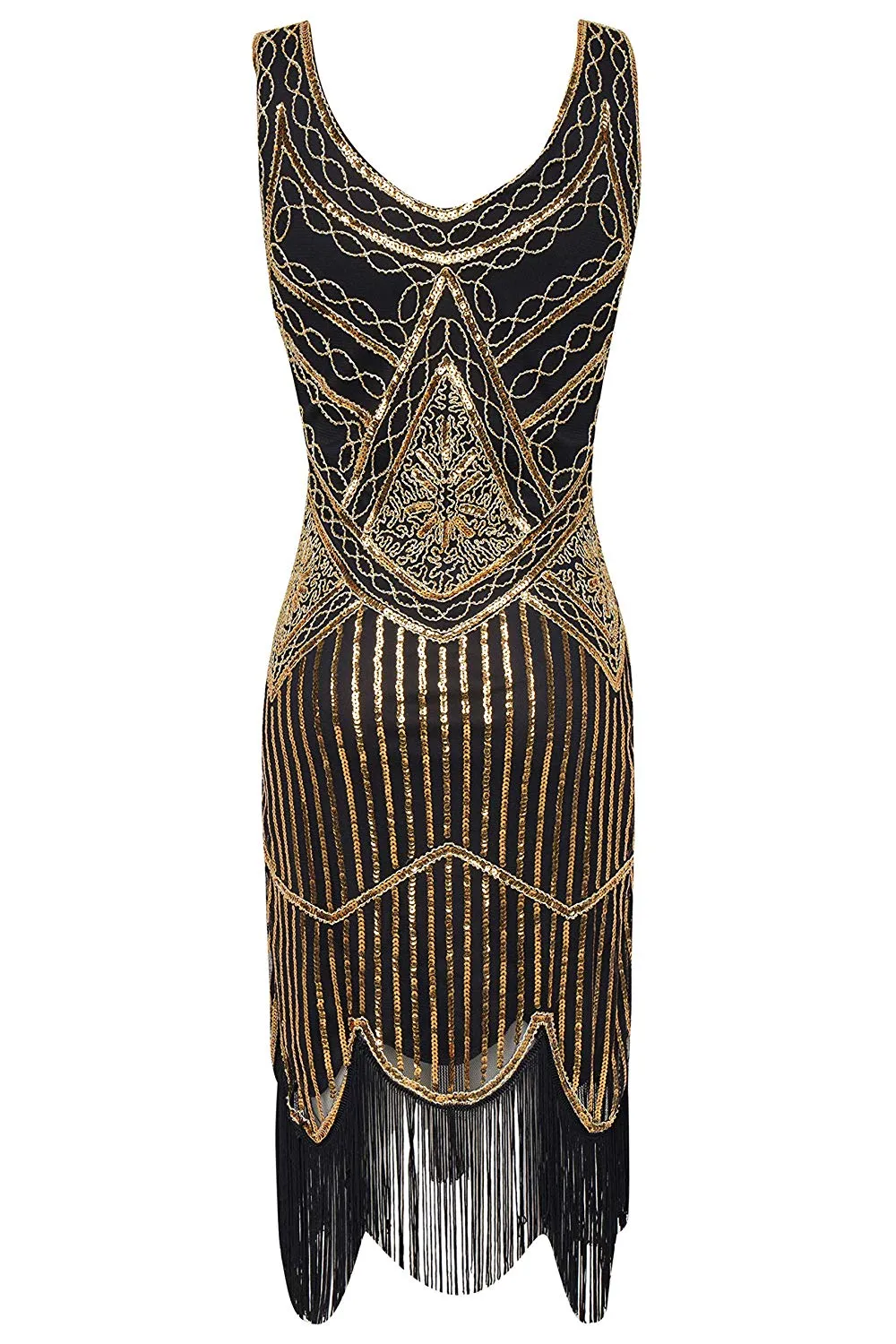 Vintage Black and Gold 1920s Flapper 20s Great Gatsby Dress Fringed Sequin Art Deco