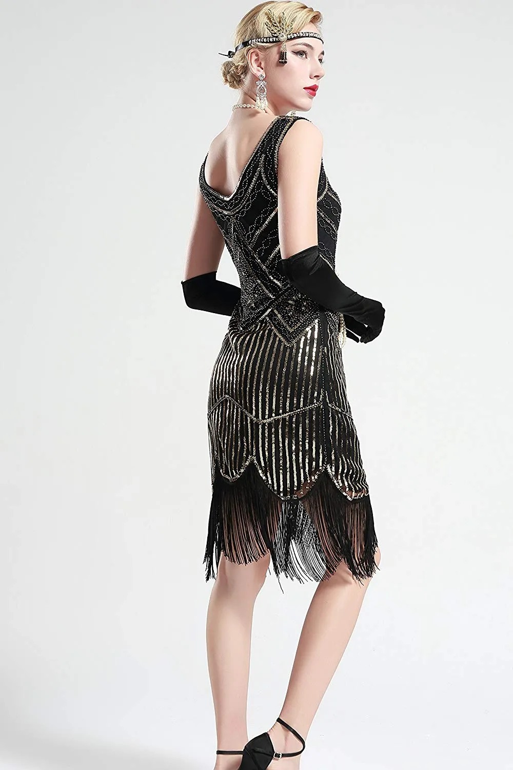Vintage Black Unique 1920s Flapper Dress Roaring 20s Great Gatsby Dress Fringed Sequin Dress Art Deco