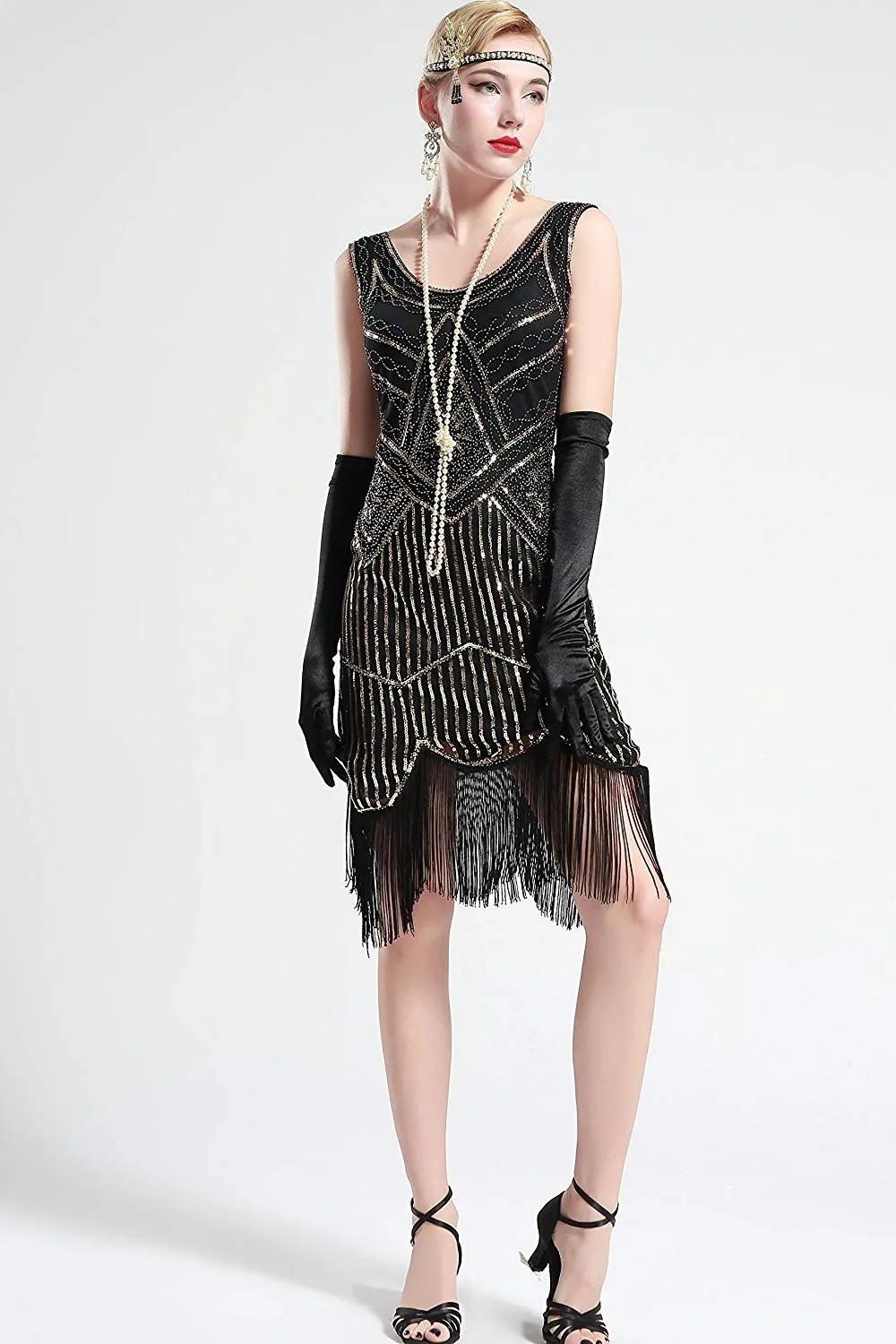 Vintage Black Unique 1920s Flapper Dress Roaring 20s Great Gatsby Dress Fringed Sequin Dress Art Deco